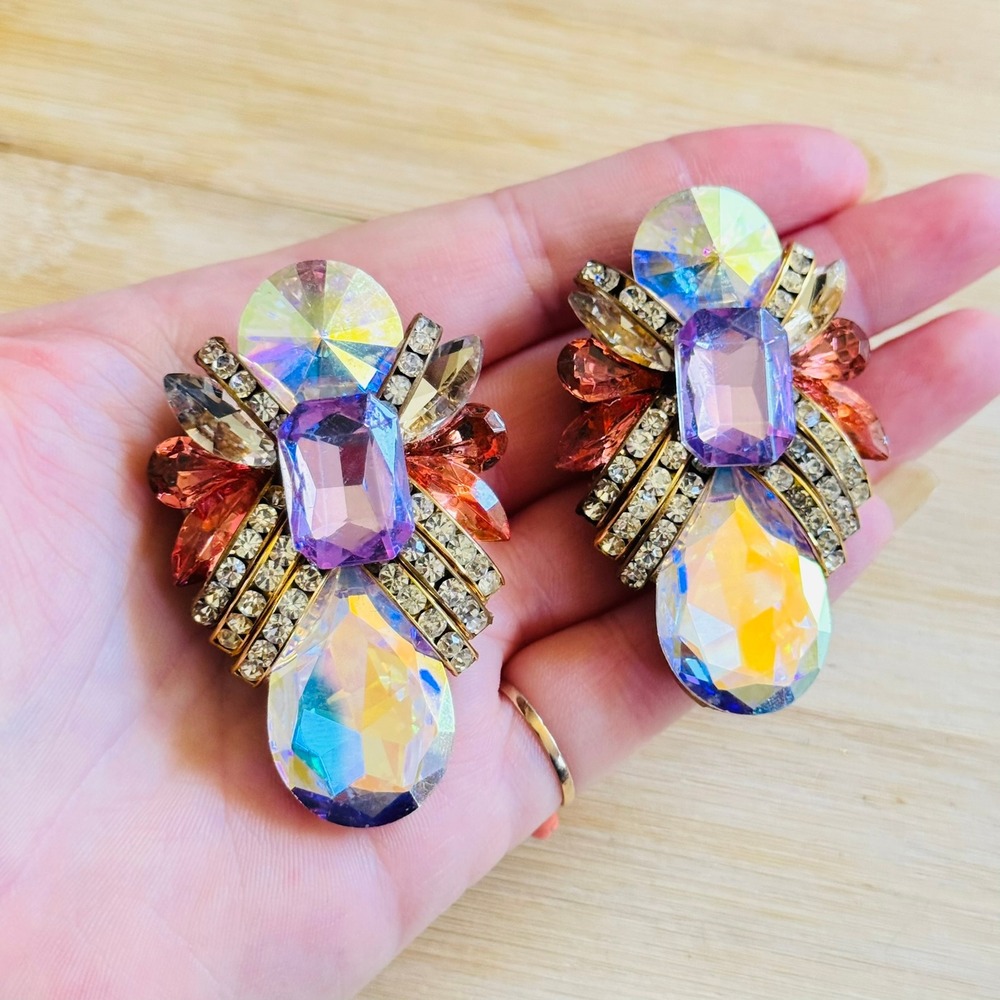 VTG Designs By SD Heart Earrings Austrian Crystal rhinestone Clip Iridescent 80s - Picture 2 of 6
